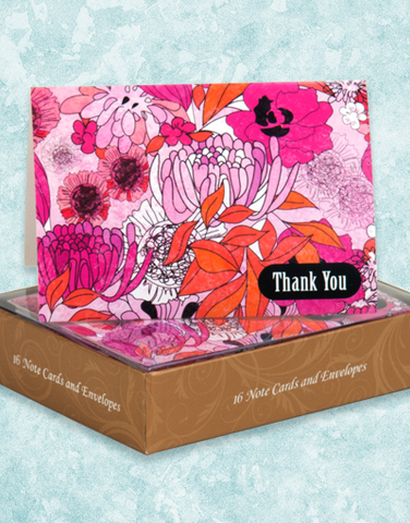 Flowing Pink Flowers Thank You Note Cards